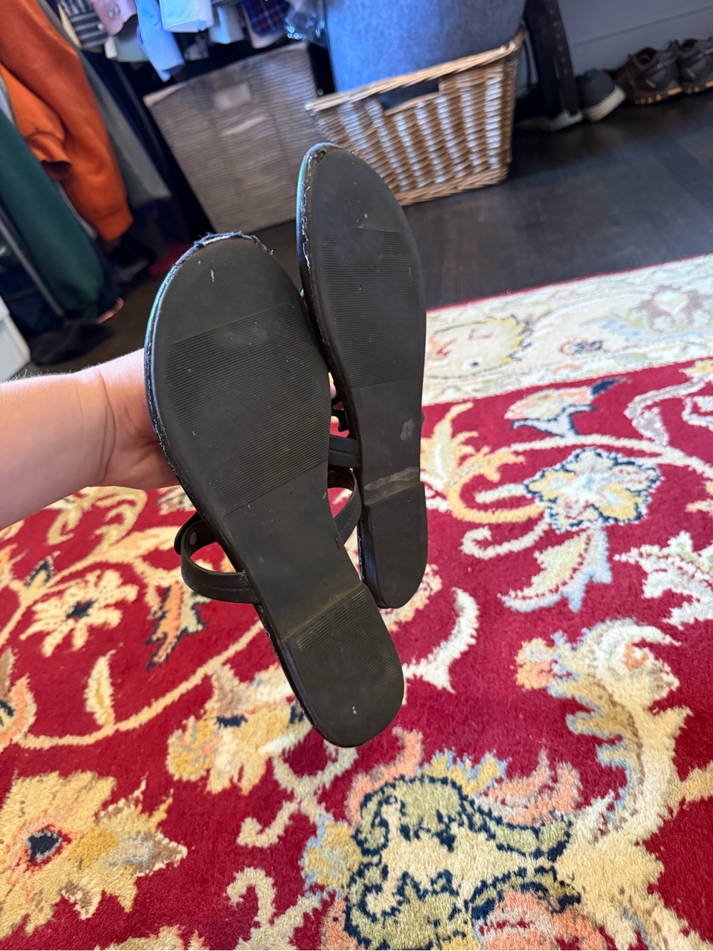 Tory Burch Black Leather Cutout Logo Thong Sandals with Gold Studs - Picture 3 of 3